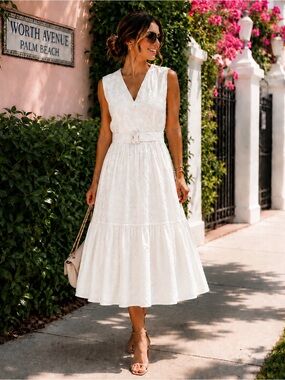 Abbey Glass Sleeveless V-Neck White Belted Midi Dress with silver accents NWT